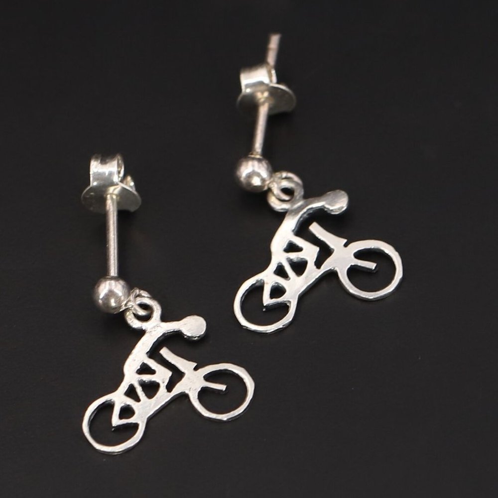 VTG 925 Sterling Silver Bicycle Cyclist Dangle Post Earrings